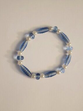 Blue Frosted Glass and Faux Pearl Stretch Bracelet Elastic Beachy